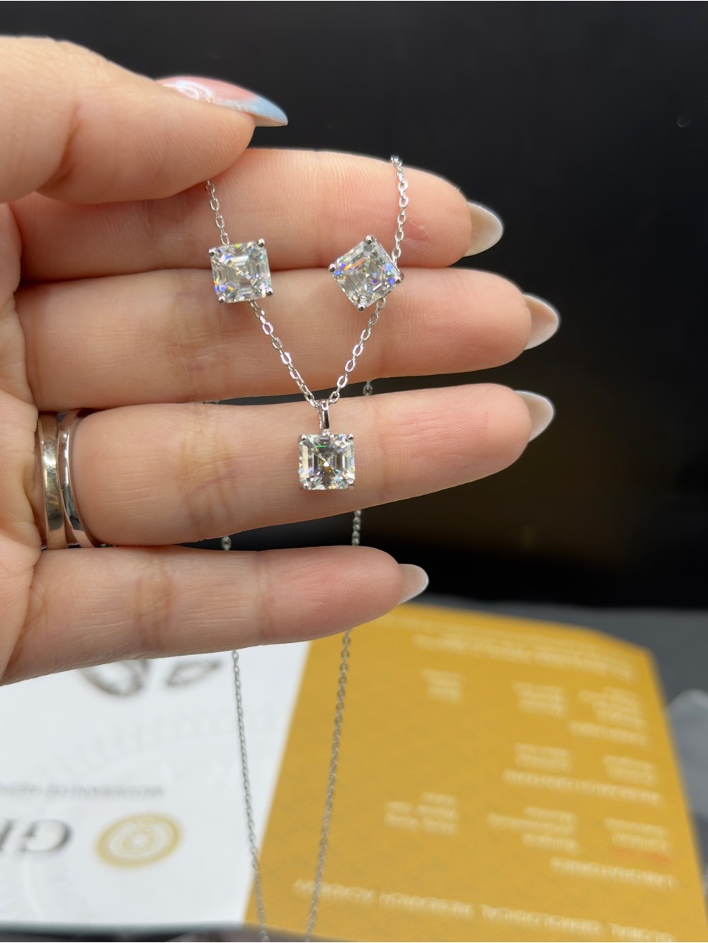 6cttw Ascher cut Moissanite vvs1 color D earrings and necklace set 2ct each